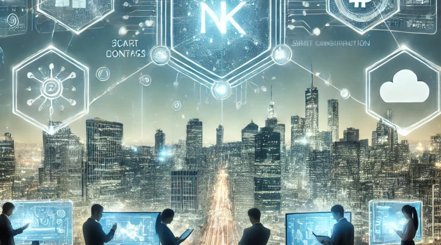 DALL·E 2024-10-29 09.34.07 - A modern scene showcasing NKK Software's application of blockchain and digital transformation technologies in the economy. The background features a d