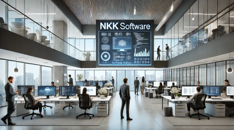 DALL·E 2024-10-29 10.24.44 - A sleek, modern office space representing a technology software company called NKK Software. The design is contemporary with open workstations, glass