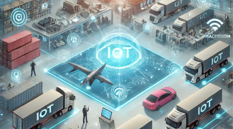 DALL·E 2024-11-01 09.41.47 - A detailed illustration of the role of IoT in logistics, focusing on enhanced transportation processes. The scene depicts a futuristic logistics envir