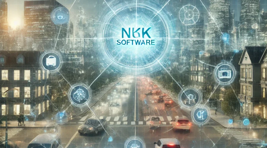 DALL·E 2024-11-04 09.37.34 - A high-tech scene depicting NKK Software providing IoT solutions, creating a smart ecosystem. The background features a futuristic smart city with int