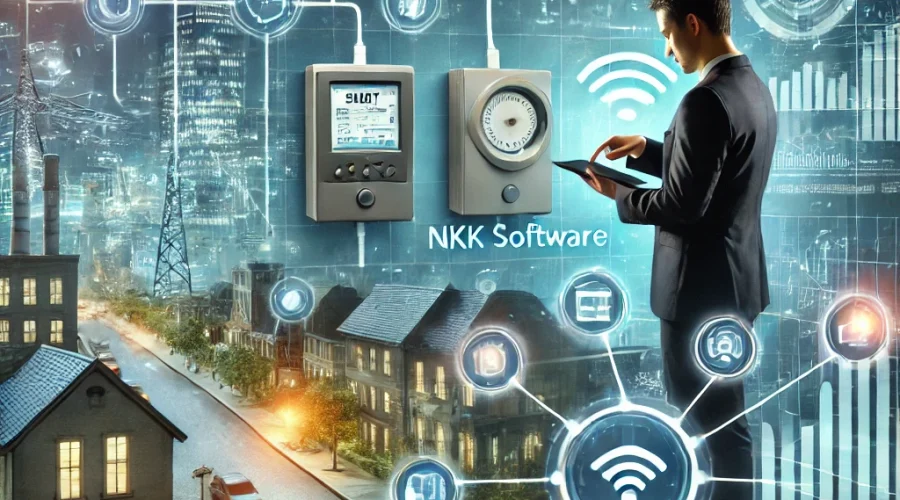 DALL·E 2024-11-04 09.42.49 - A scene depicting NKK Software's IoT solutions enabling remote management and monitoring of devices, saving time and costs. The background shows a sma