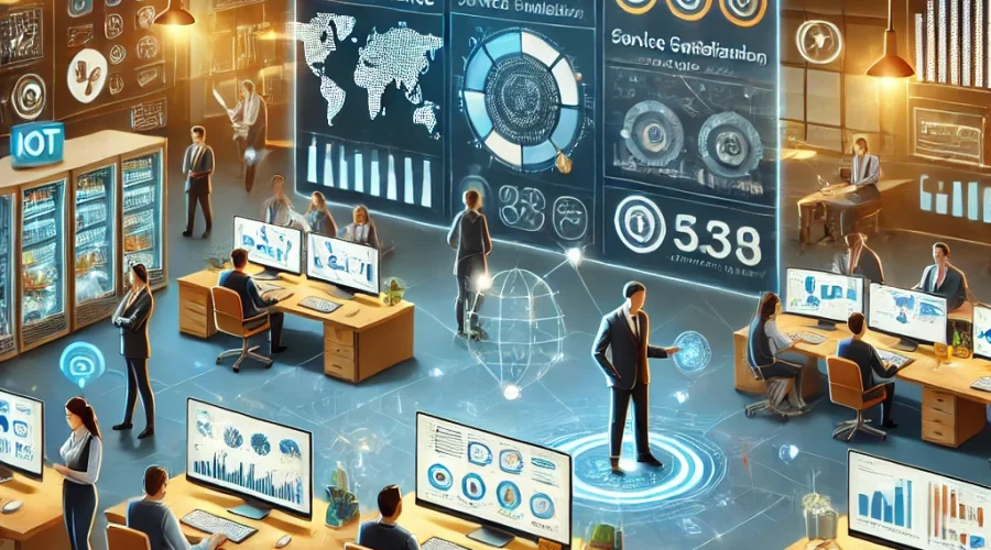 DALL·E 2024-11-04 10.01.31 - An illustration showing how IoT enhances service quality by monitoring and improving business services. The scene is a modern business environment wit