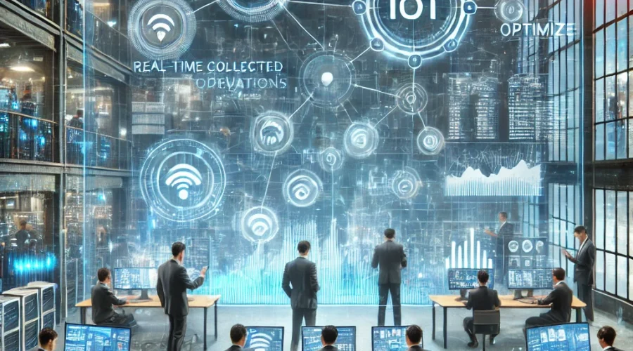 DALL·E 2024-11-05 09.33.13 - A dynamic scene showing data analysis collected from IoT devices to optimize business operations, led by NKK Software. The background features a smart