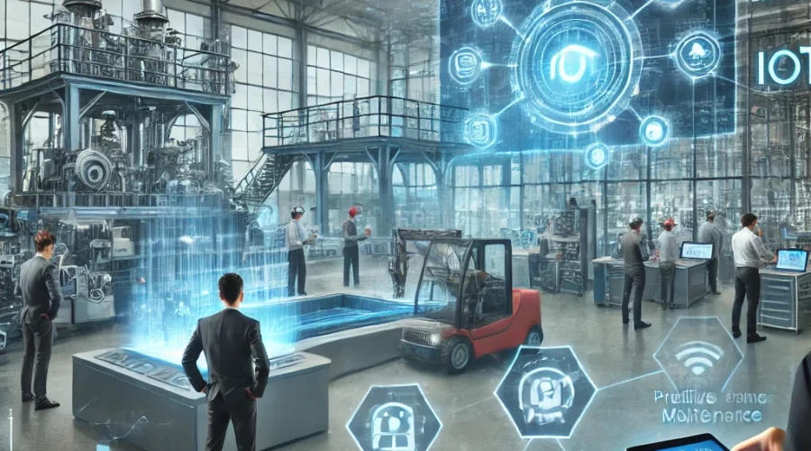 DALL·E 2024-11-06 09.18.02 - A scene showing the integration of IoT by NKK Software into manufacturing processes to monitor machine performance and minimize downtime. The backgrou