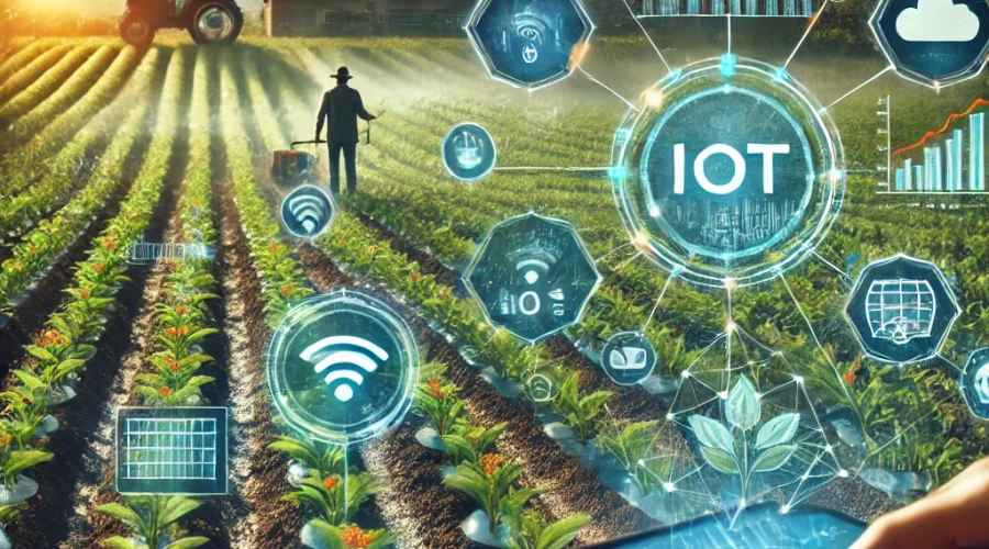 DALL·E 2024-11-06 13.13.24 - A scene depicting the application of IoT technology for monitoring the environment and plant health to increase agricultural productivity. The setting