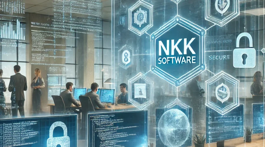 DALL·E 2024-11-12 11.26.28 - A modern scene showcasing NKK Software developing secure blockchain applications for businesses. The background features a high-tech office setting wi