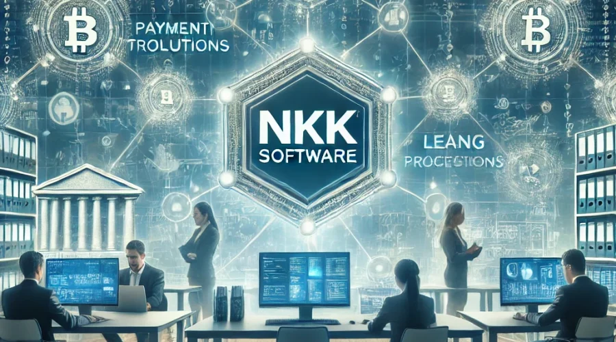 DALL·E 2024-11-14 09.42.57 - A professional scene showing NKK Software providing blockchain solutions for the finance sector, focusing on payments and lending services. The backgr