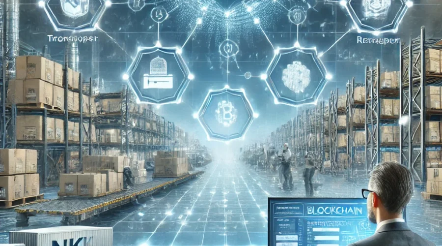 DALL·E 2024-11-14 09.45.44 - A modern scene showing NKK Software applying blockchain technology to verify product origins within the supply chain. The background features a detail