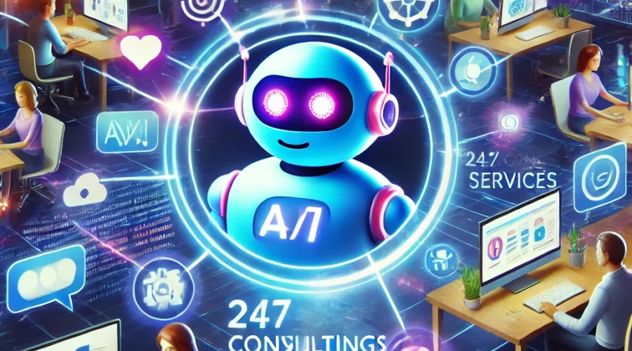 DALL·E 2024-11-21 10.45.33 - A vibrant and futuristic scene showcasing an AI chatbot providing 24_7 consulting services, enhancing user experience. The background features various