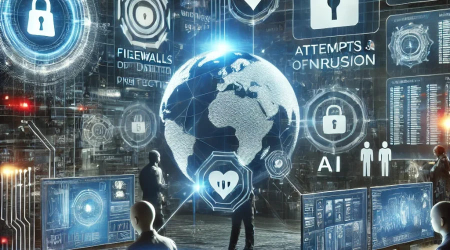 DALL·E 2024-11-21 10.53.32 - A high-tech scene showcasing AI technology being used to detect and prevent cybersecurity threats. The background features a digital environment with