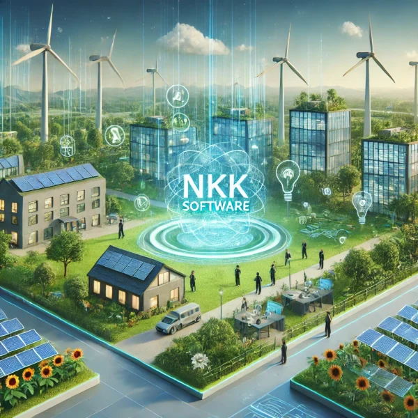 DALL·E 2024-11-29 16.17.55 - A scene showcasing NKK Software's commitment to developing sustainable and environmentally friendly technology solutions. The background features a gr