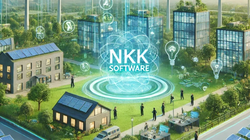 DALL·E 2024-11-29 16.17.55 - A scene showcasing NKK Software's commitment to developing sustainable and environmentally friendly technology solutions. The background features a gr