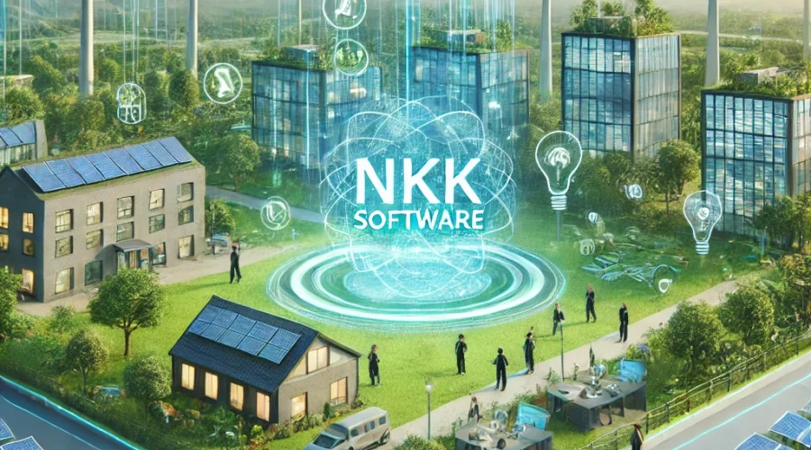 DALL·E 2024-11-29 16.17.55 - A scene showcasing NKK Software's commitment to developing sustainable and environmentally friendly technology solutions. The background features a gr